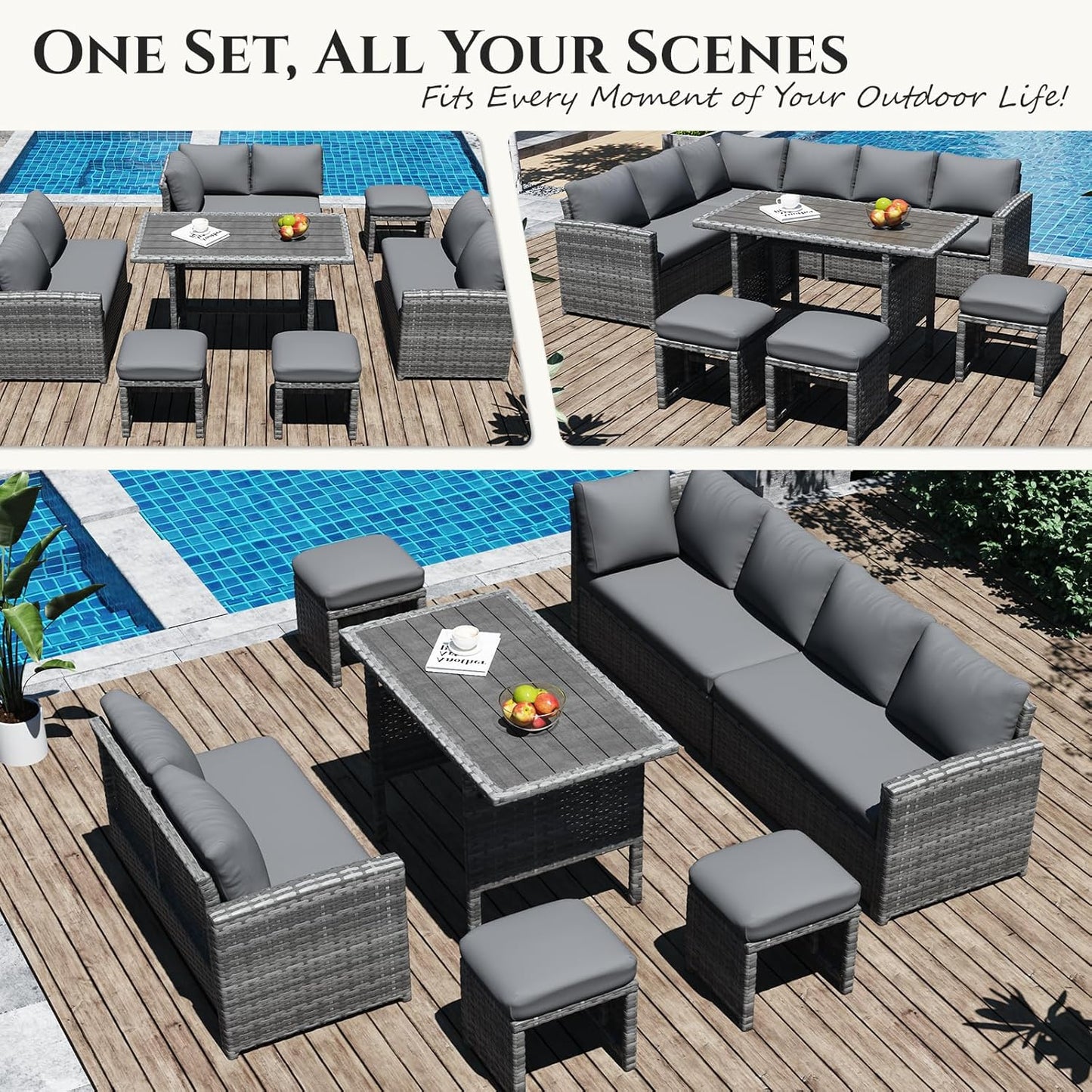 7 Pieces Patio Furniture Set, Outdoor Sectional Sofa Conversation Set, All Weather Wicker Rattan Dining Table & Chair with Ottoman, Grey Rattan&Grey Cushion
