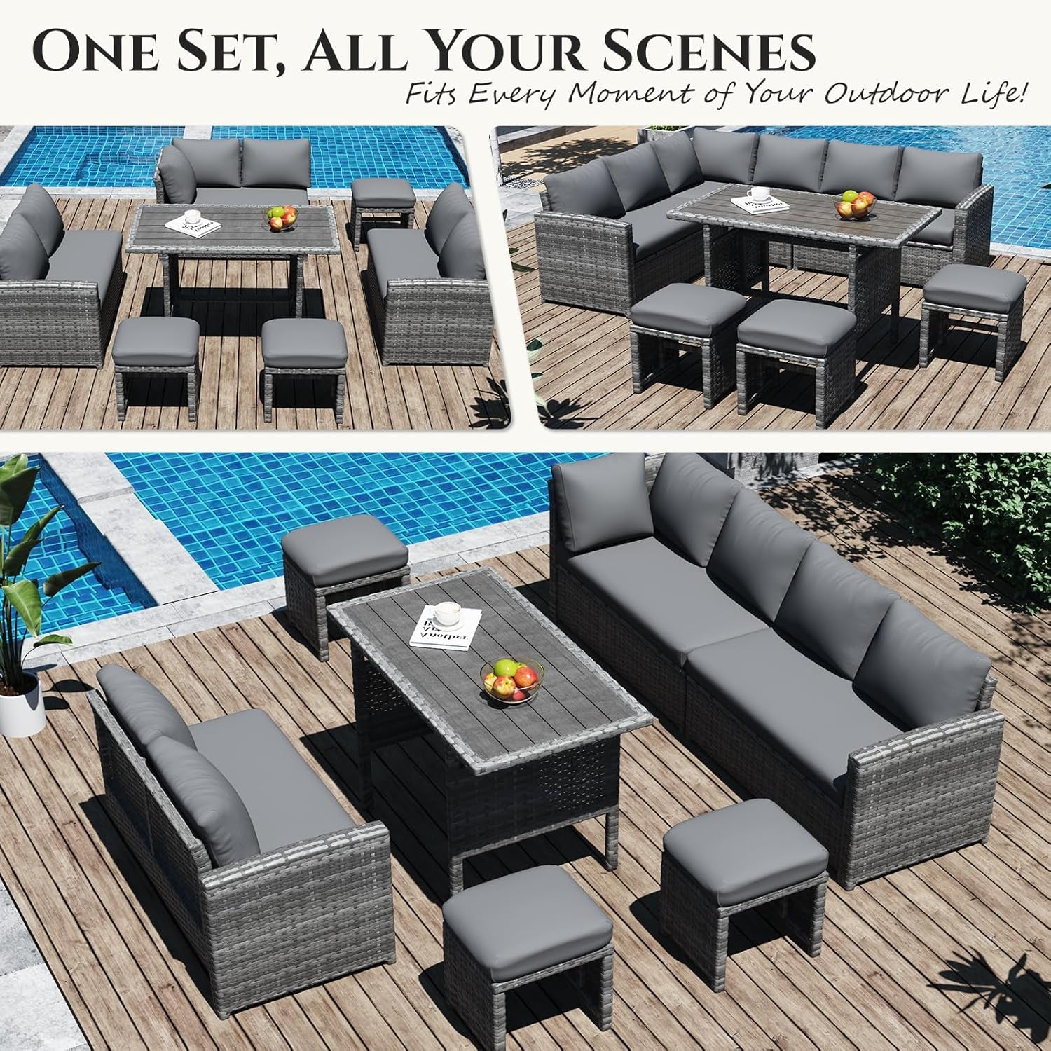 7 Pieces Patio Furniture Set, Outdoor Sectional Sofa Conversation Set, All Weather Wicker Rattan Dining Table & Chair with Ottoman, Grey Rattan&Grey Cushion