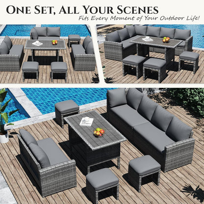7 Pieces Patio Furniture Set, Outdoor Sectional Sofa Conversation Set, All Weather Wicker Rattan Dining Table & Chair with Ottoman, Grey Rattan&Grey Cushion