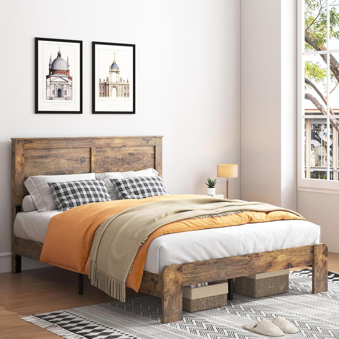 Wood Queen Bed Frame with Headboard, Rustic Farmhouse Platform Bed Frame with 12 Wood Slats Support, No Box Spring Needed, Easy Assembly (Vintage Brown, Queen)