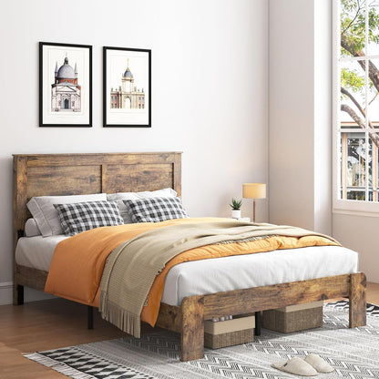 Wood Queen Bed Frame with Headboard, Rustic Farmhouse Platform Bed Frame with 12 Wood Slats Support, No Box Spring Needed, Easy Assembly (Vintage Brown, Queen)