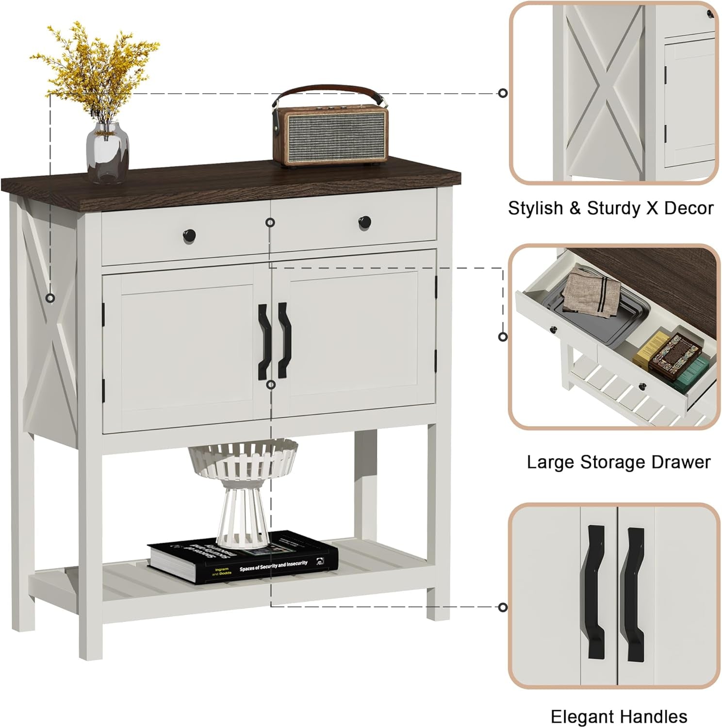 Farmhouse Console Table, Entryway Table with Storage Shelf, Coffee Bar Cabinet, Narrow Buffet Sideboard for Kitchen, Hallway, Living Room, White