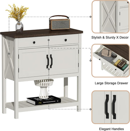 Farmhouse Console Table, Entryway Table with Storage Shelf, Coffee Bar Cabinet, Narrow Buffet Sideboard for Kitchen, Hallway, Living Room, White