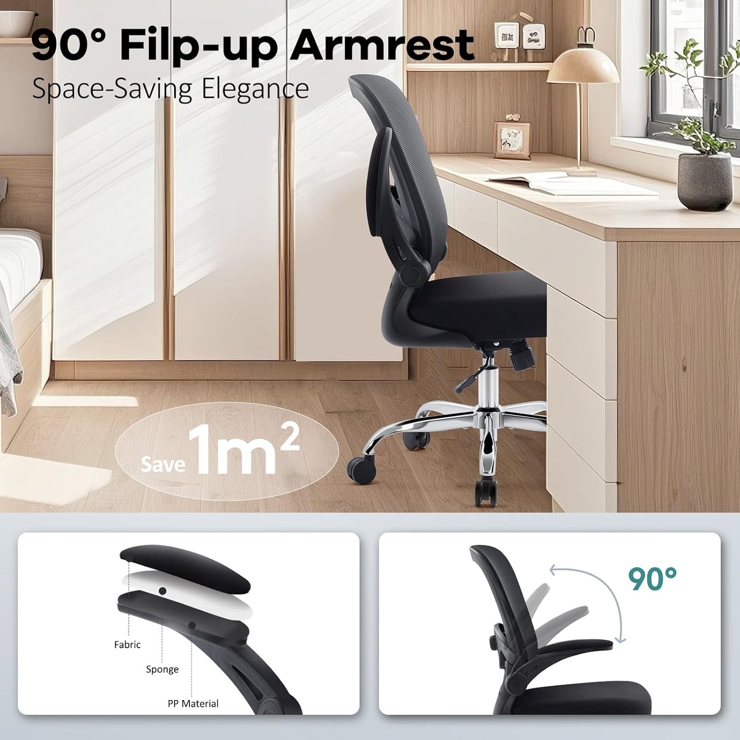 Office Chair,Ergonomic Mesh Desk Chair with Adjustable Lumbar Support,Computer Chair with Flip-Up Armrests, Rolling Executive Chairs, Home Office Chair(Black)