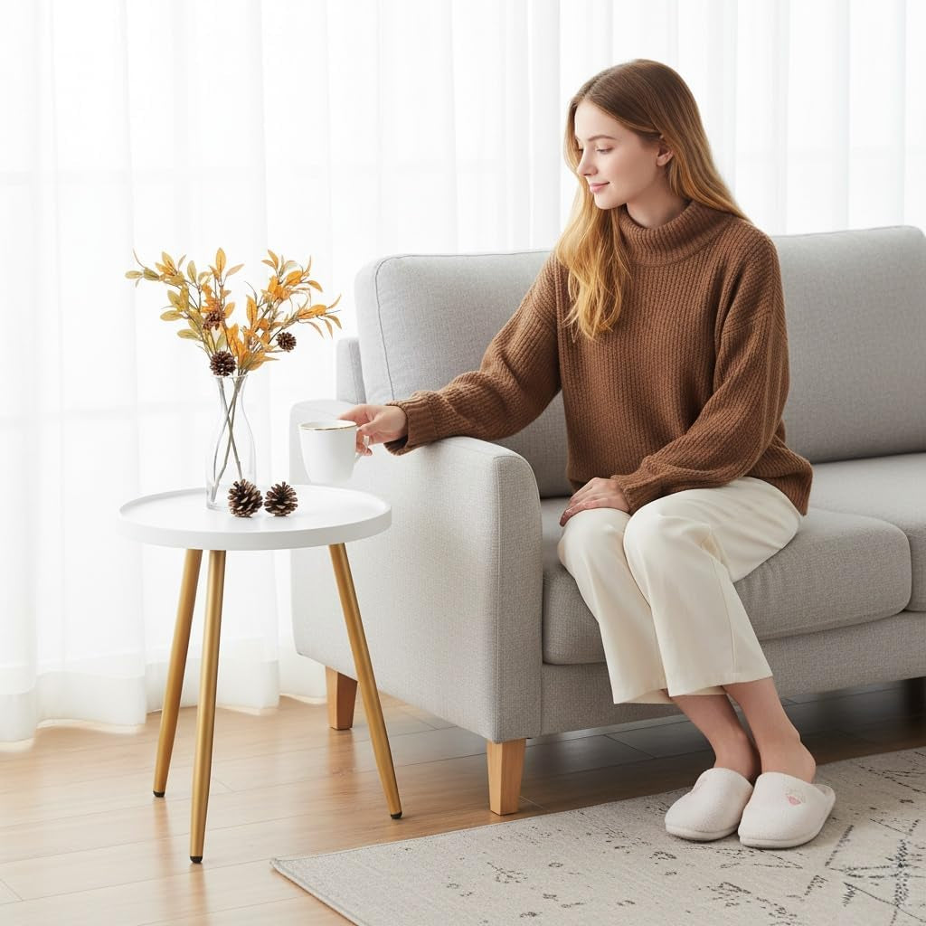 Nursery Side Table, Metal Legged Mini Table with Wooden Tray, Small round End Table for Living Room, Bedroom, Nursery, White & Gold