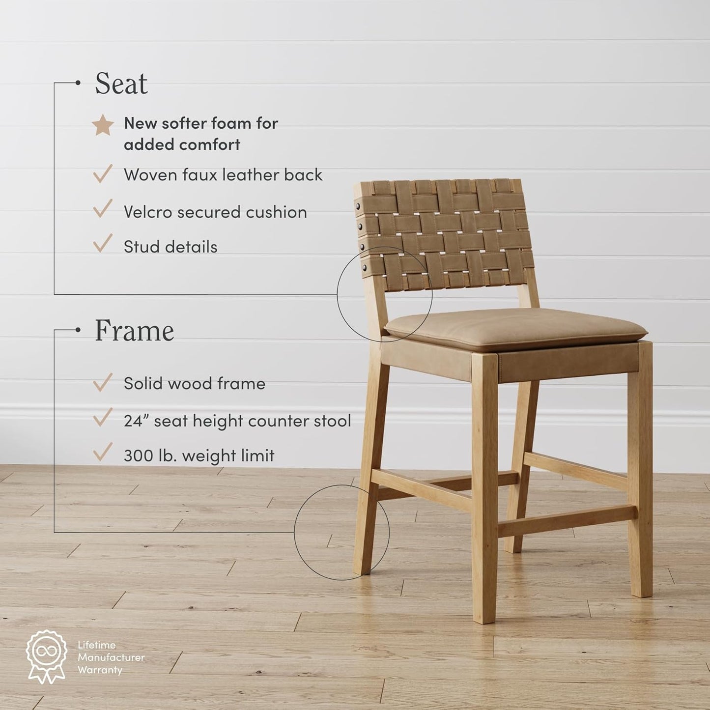 Cohen Mid-Century Modern Leather Bar Stool, Counter Height Chair in Solid Wood Frame with Footrest and Woven Leather Back for Kitchen, Natural Brown, 1 Count, Barstool - 24"