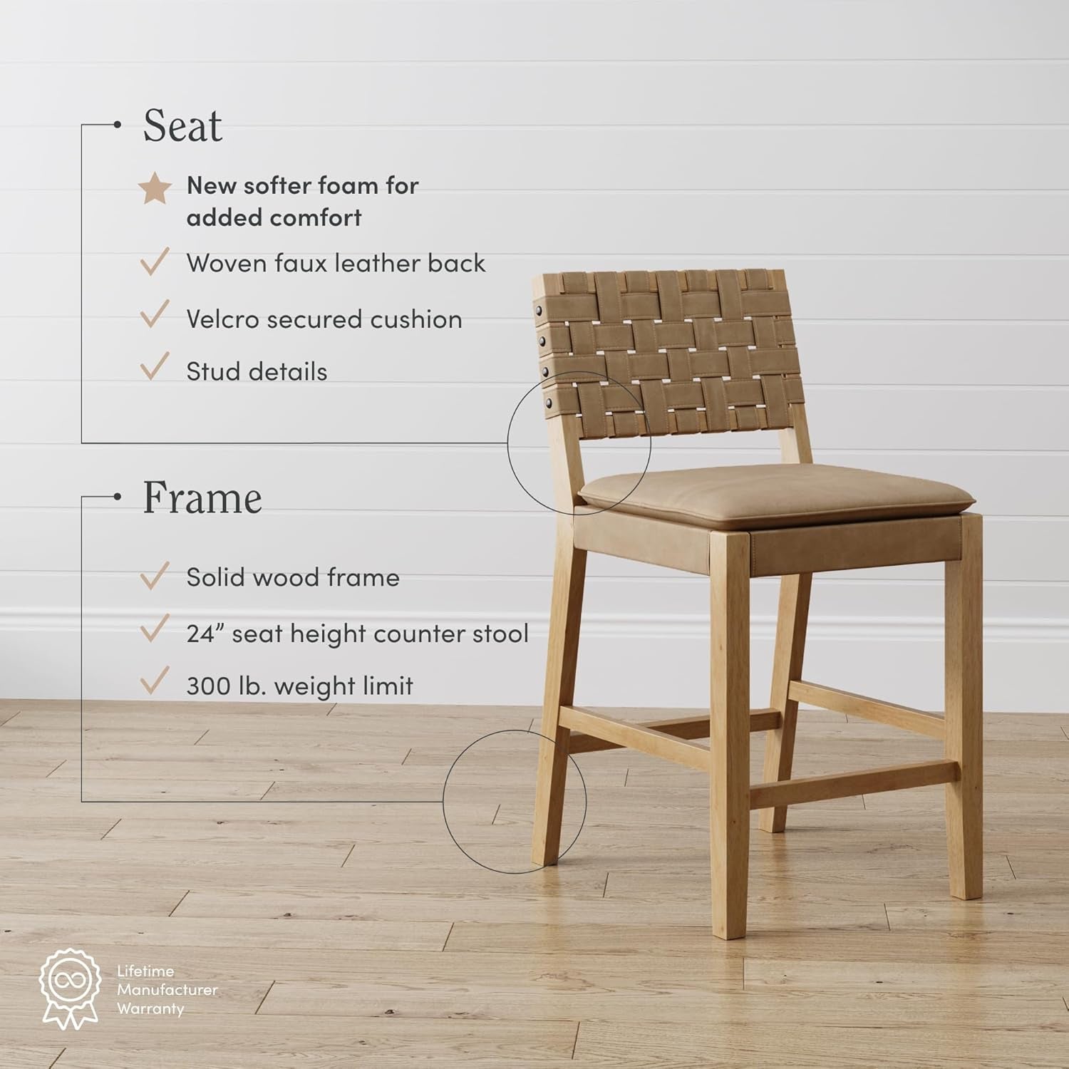 Cohen Mid-Century Modern Leather Bar Stool, Counter Height Chair in Solid Wood Frame with Footrest and Woven Leather Back for Kitchen, Natural Brown, 1 Count, Barstool - 24"