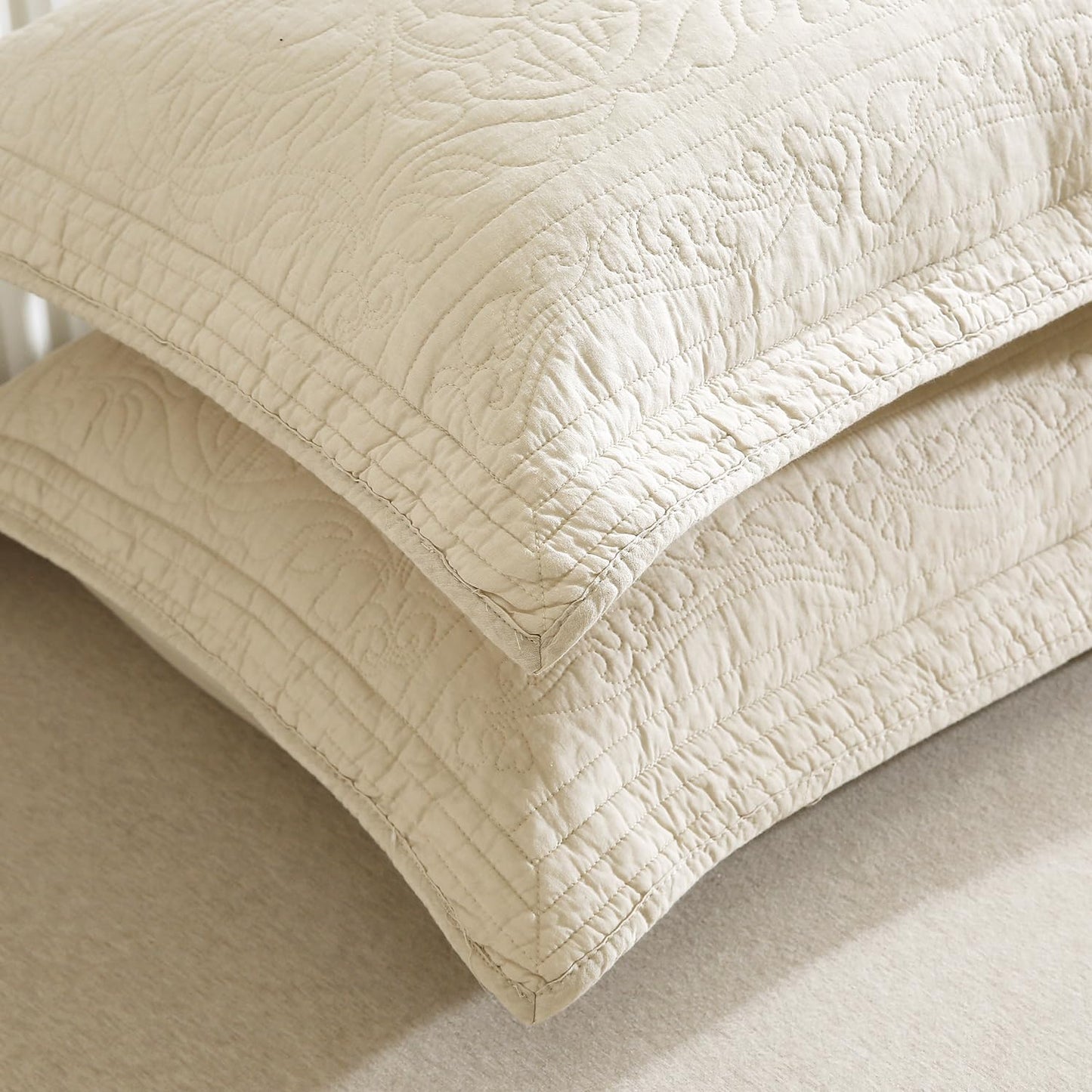 100% Cotton Quilted Pillow Sham Floral Printed Pillow Cover (King, Beige)