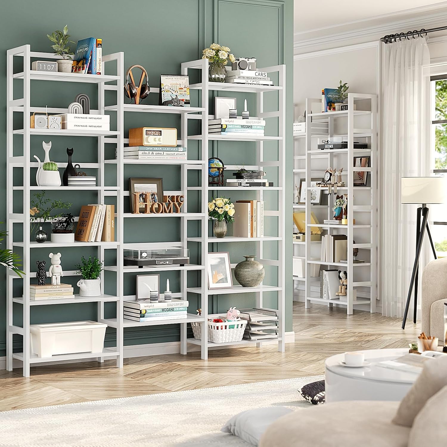 Bamboo Triple Wide Shallow Bookshelves and Bookcases, 6-Tier 6Ft Tall Bookshelf with 17 Open Display Shelves, Super Large Freestanding Book Shelf for Home Office, Bedroom, Living Room, White