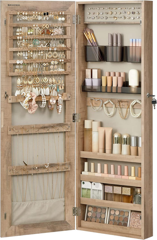 Mirror Jewelry Cabinet Armoire, Wall or Door Mounted Jewelry Storage Organizer, Hanging Lockable Frameless Mirror Cabinet with 2 Cosmetic Organizers, Gift Idea, Toasted Oak Color UJJC001N01