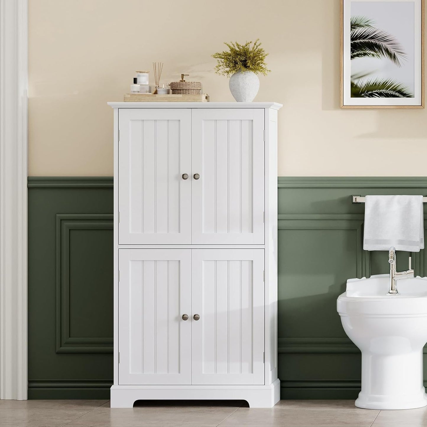 Bathroom Floor Cabinet, Modern Bathroom Storage Cabinet with 4 Doors and Adjustable Shelves, Freestanding Cupboard for Living Room, White