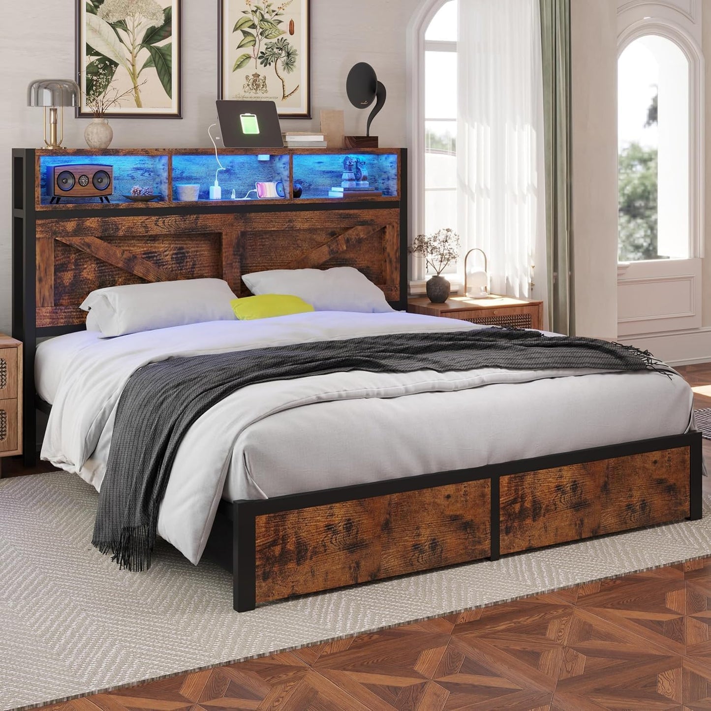 Farmhouse Queen Bed Frame with Bookcase Headboard and Storage Drawers, LED Lights and Charging Station, No Box Spring Needed, Noise Free, Rustic Brown