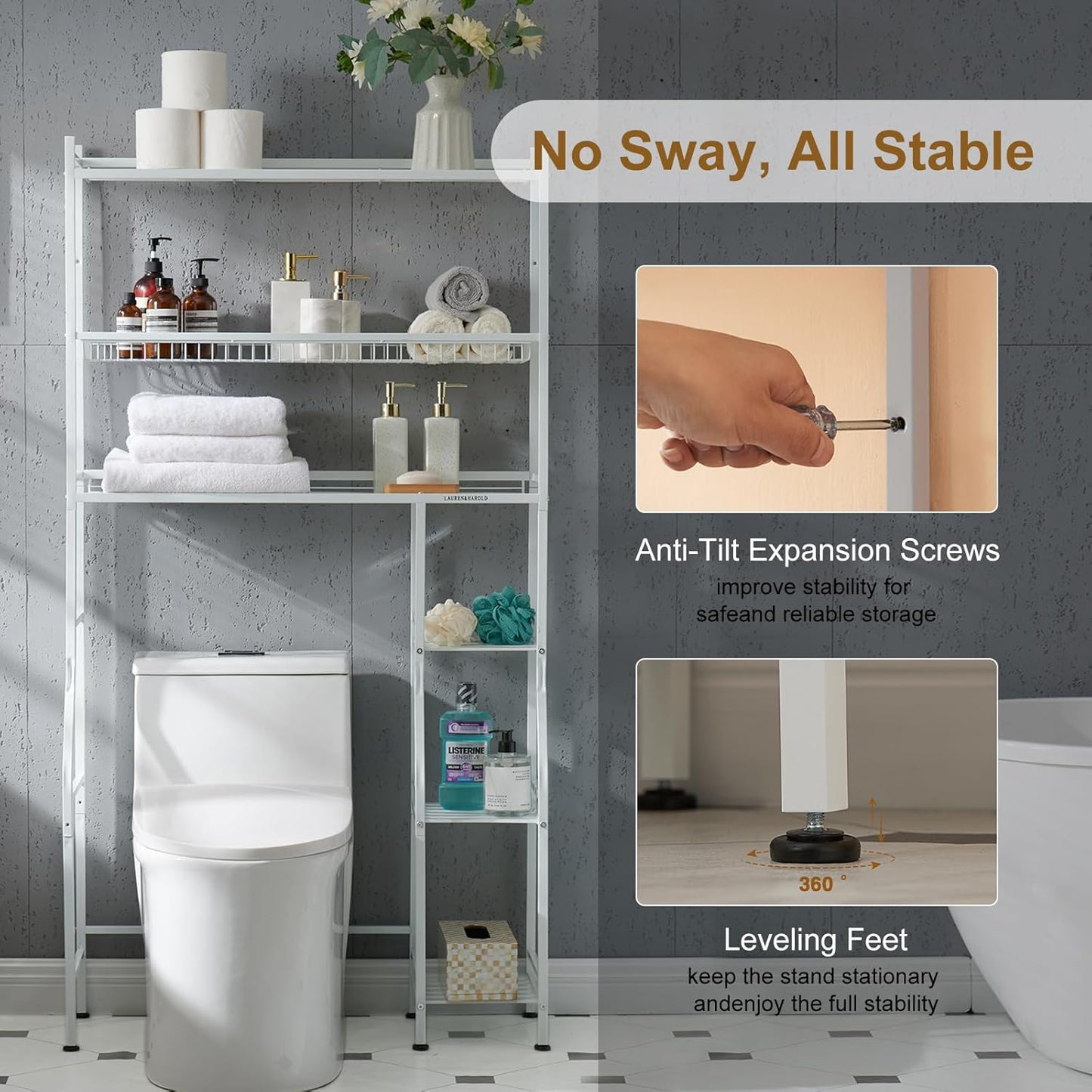 6-Tier over the Toilet Storage with Side Rack, 32.8" W X 12.2" D X 61" H over Toilet Bathroom Organizer, Freestanding above over Toilet Storage Shelf for Restroom, Laundry, White