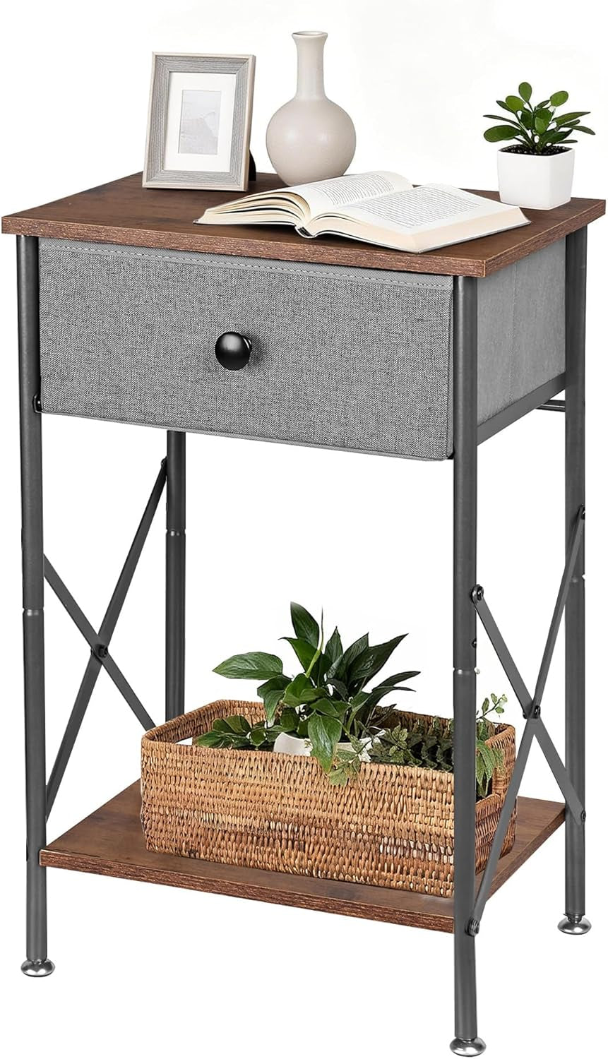 Nightstand with Drawer, Small Bedside Table with Storage and Adjustable Metal Legs, Wood End Table for Bedroom or Living Room, Perfect for Small Spaces and Modern Farmhouse Décor, Retro Brown