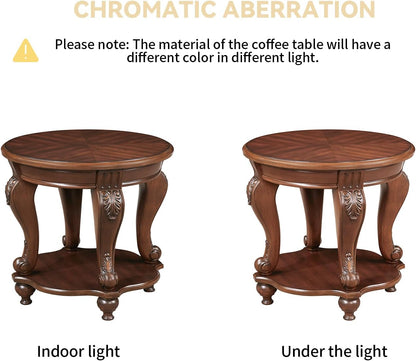 Wood Coffee Table Set with Storage Shelf Oval Coffee Tables and round Side Table for Living Room Farmhouse, Antique Elegant Carved Legs, Easy Assembly, Cherry