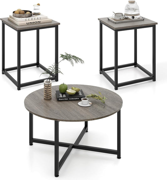 round Nesting Table Set of 3, Farmhouse Coffee Table W/2 End Tables, Sturdy Metal Frame, 3-Piece Wooden Living Room Table Set for Home Office, Apartment (Black Oak)