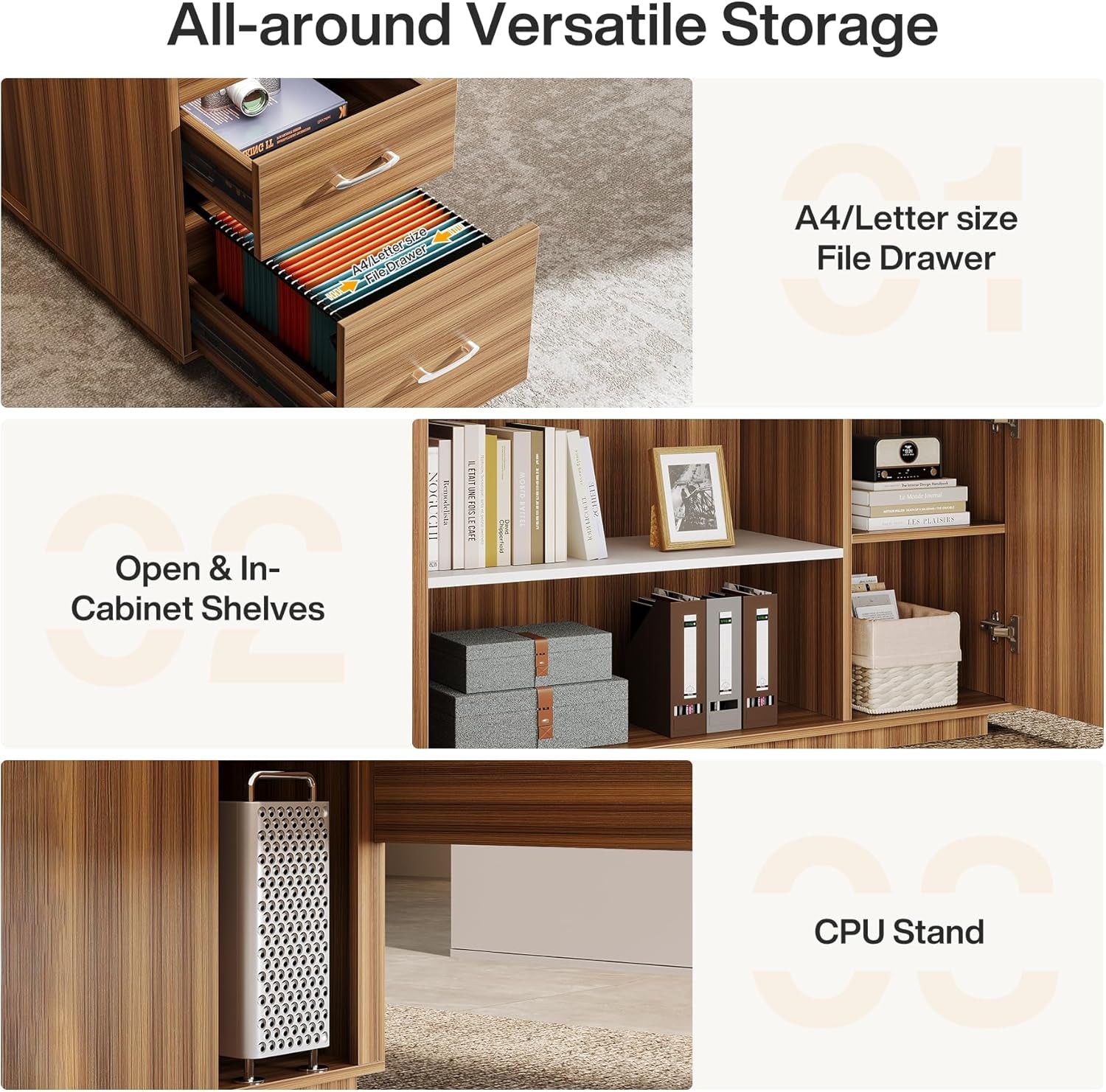 85.8-Inch L-Shaped Executive Desk with File Drawers, Door Cabinet & Shelves, Extra Large Commercial Office Desk, Modern Professional Office Table, White & Brown Business Furniture