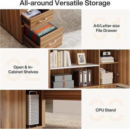 85.8-Inch L-Shaped Executive Desk with File Drawers, Door Cabinet & Shelves, Extra Large Commercial Office Desk, Modern Professional Office Table, White & Brown Business Furniture