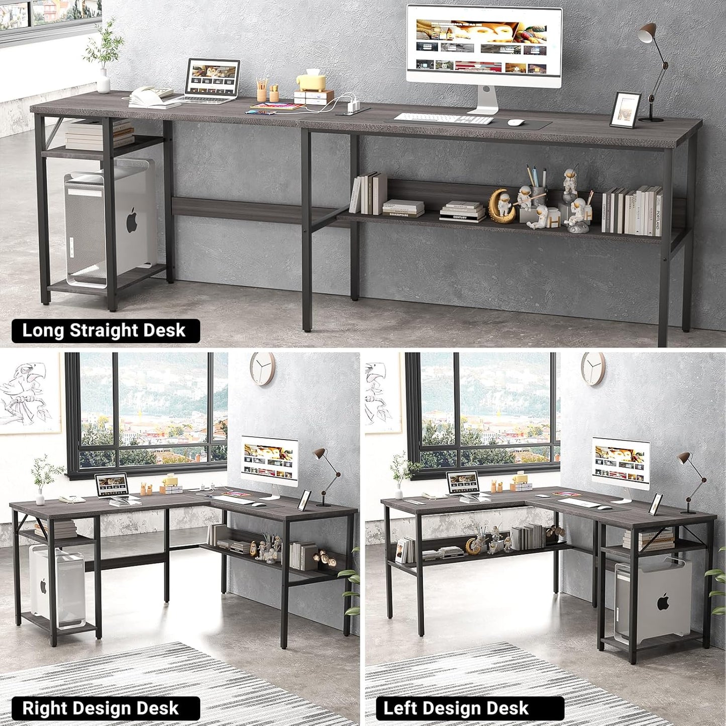 L Shaped Computer Desk with Magic Power Outlets and USB Charging Port, Sturdy Reversible Corner Desk with Storage Shelves, Modern Work Desk for Home Office, Easy to Assemble, Rustic Brown