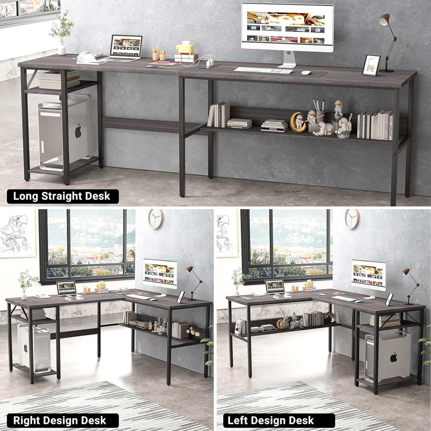 L Shaped Computer Desk with Magic Power Outlets and USB Charging Port, Sturdy Reversible Corner Desk with Storage Shelves, Modern Work Desk for Home Office, Easy to Assemble, Rustic Brown