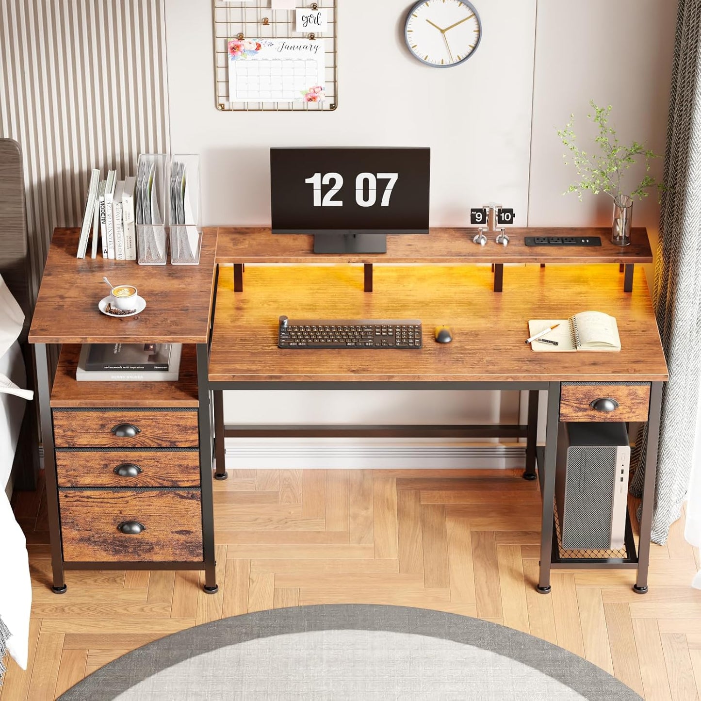 60" Computer Desk with 4 Drawers and Printer Space, Gaming Desk with LED Lights and USB Power Outlets, Office Desk with Fabric File Cabinet, Work Table with Shelf for Bedroom, Rustic Brown