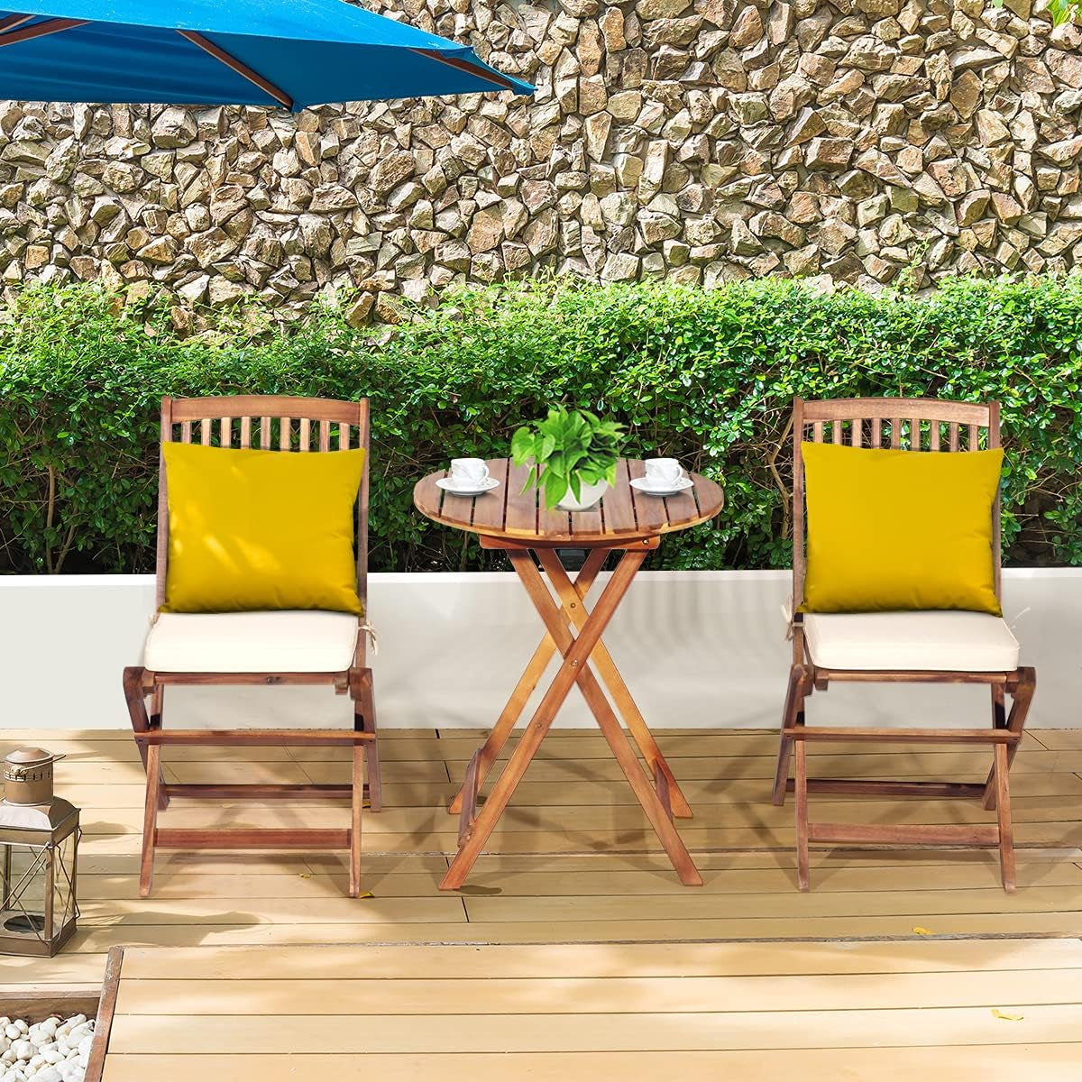 3-Piece Acacia Wood Folding Patio Bistro Set, Small Outdoor Balcony Furniture, round Coffee Table and 2 Chairs with Soft Cushions, Teak Table Set for Porch, Backyard, Deck (Cream White)