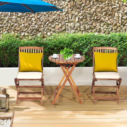 3-Piece Acacia Wood Folding Patio Bistro Set, Small Outdoor Balcony Furniture, round Coffee Table and 2 Chairs with Soft Cushions, Teak Table Set for Porch, Backyard, Deck (Cream White)