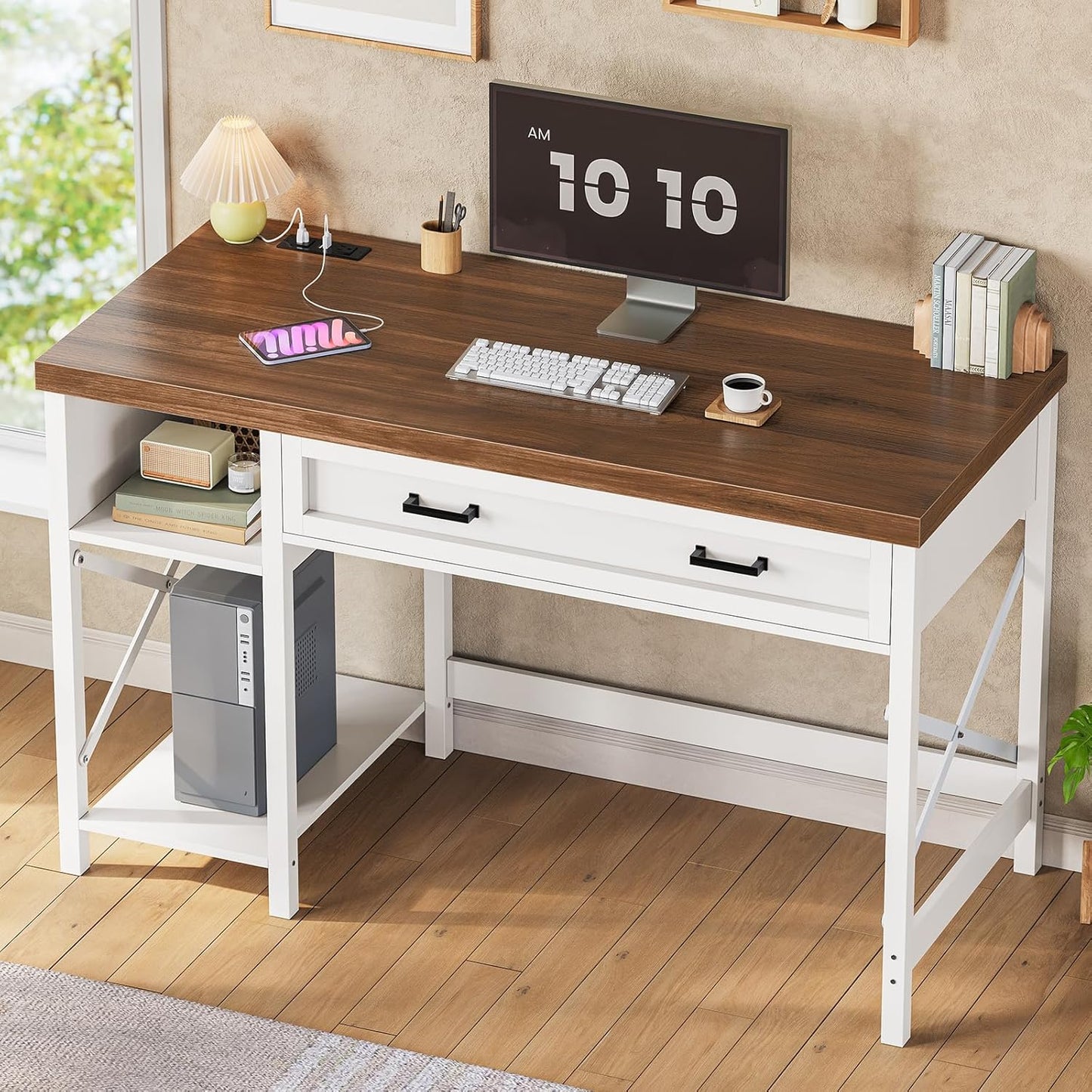 Farmhouse Small Desk with Drawers, 40" Computer Desk with Storage Shelves, White Writing Desk for Small Space and Power Outlet, Desk for Bedroom, Home Office