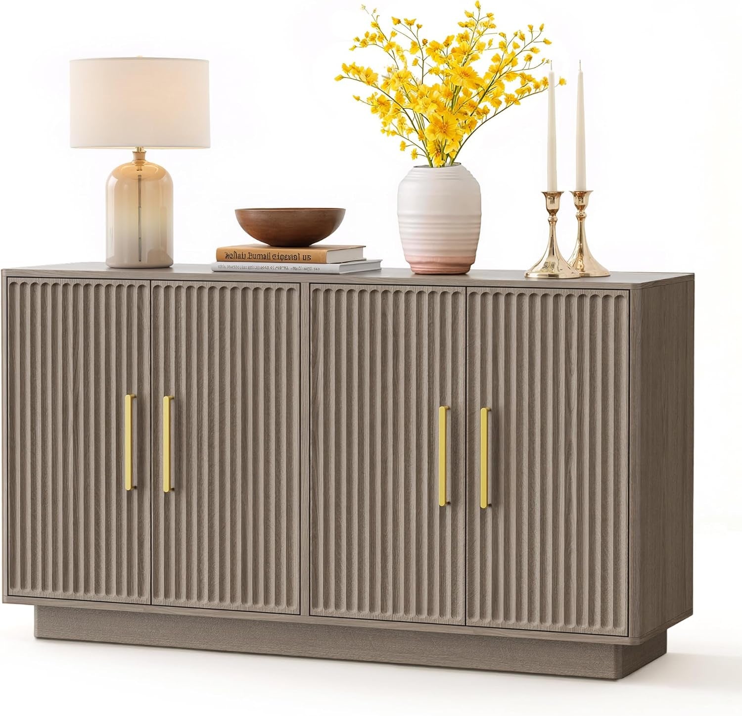 55" Modern Fluted Sideboard Buffet Cabinet, Space-Saving Storage Credenza for Home Coffee Bar, 4-Door Accent Furniture with Adjustable Shelves for Clutter-Free Living (Brown Gray)