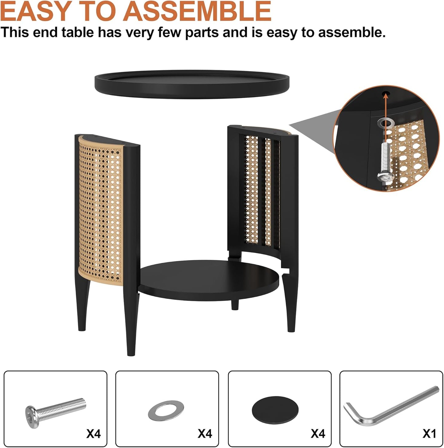 round End Table Rattan Style Side Table with Solid Wood Legs, Boho Style Nightstand Bedside Table with 2-Tier Shelves, Small Coffee Table for Living Room Bedroom Small Spaces Black