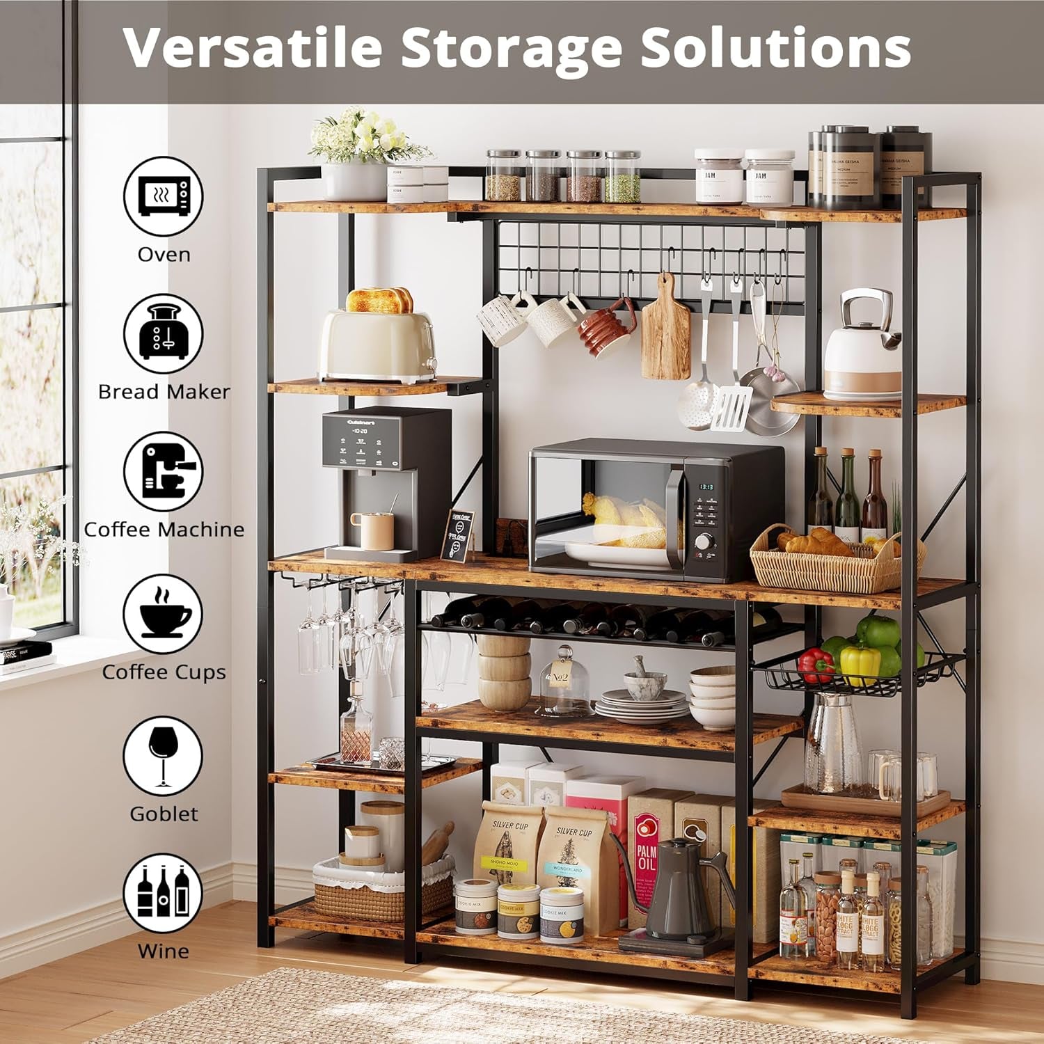Large Bakers Rack with Power Outlet, 62 Inch Wide Microwave Stand, Coffee Bar with Storage, Kitchen Racks and Shelves, Vintage Brown