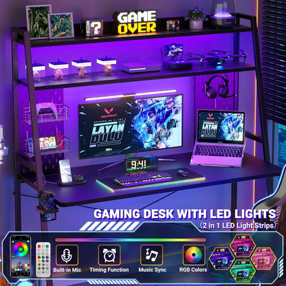 Gaming Desk with Hutch and LED Lights, Gaming Computer Desk with Power Outlets, Gamer Desk with Storage Shelves, PC Game Desks with Pegboards, for Bedroom, Carbon Fiber Black, 49"
