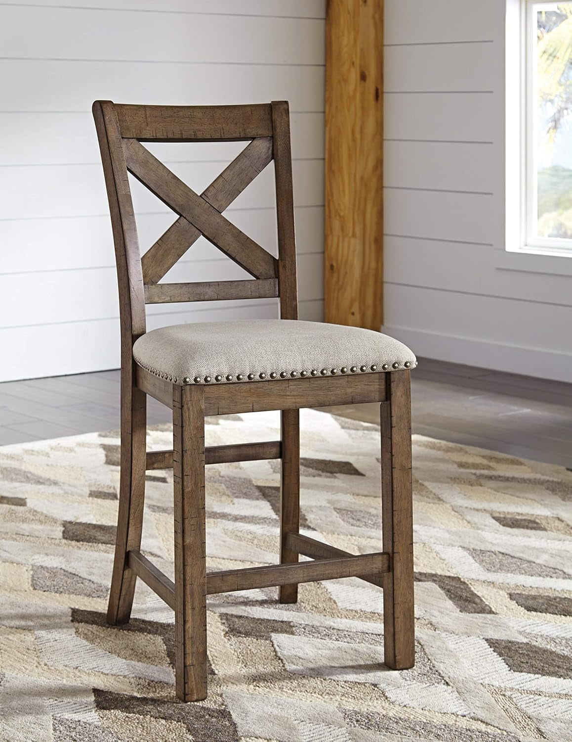 Moriville Rustic Farmhouse 24.5" Upholstered Barstool, 2 Count, Beige & Brown