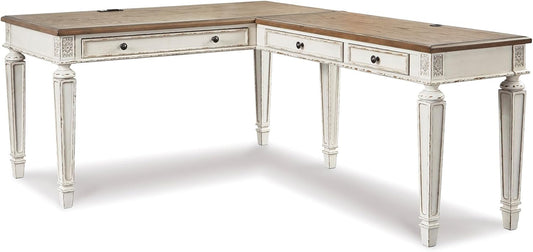 Realyn Cottage L-Shaped Distressed 2-Piece Home Office Desk with Power Supply and USB Ports, White & Light Brown