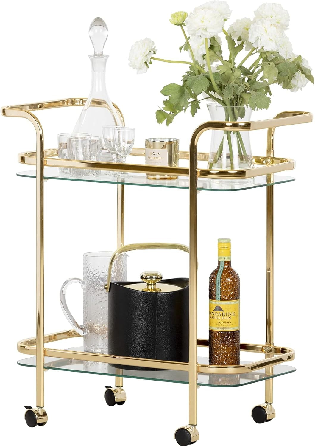 Maliza Bar Cart-Gold and Glass, 13.75"D X 27"W X 29"H
