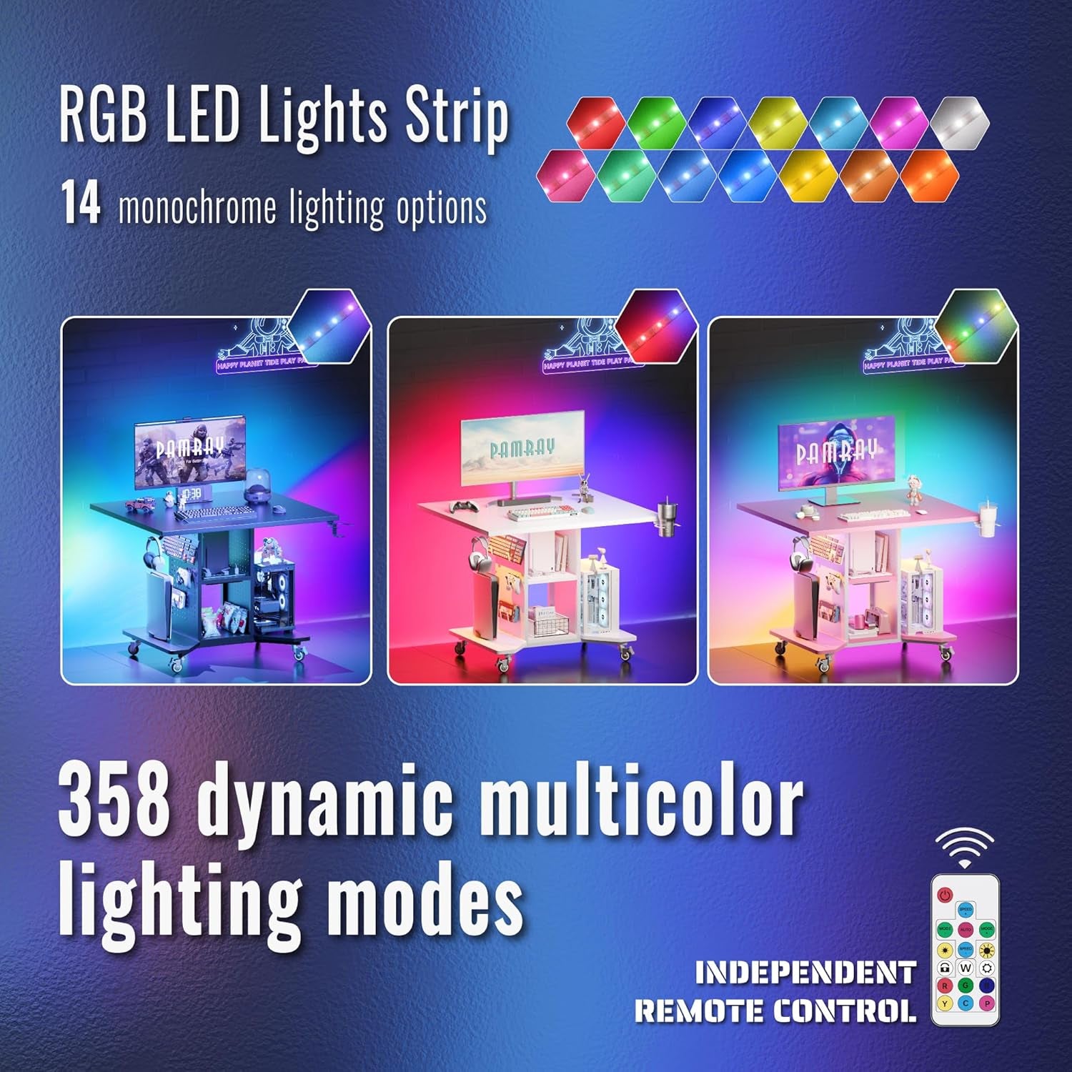 Small Rolling Gaming Desk with Led Lights Power Outlets and Storage Pegboard, Small Spaces Compact PC Computer Table Balck