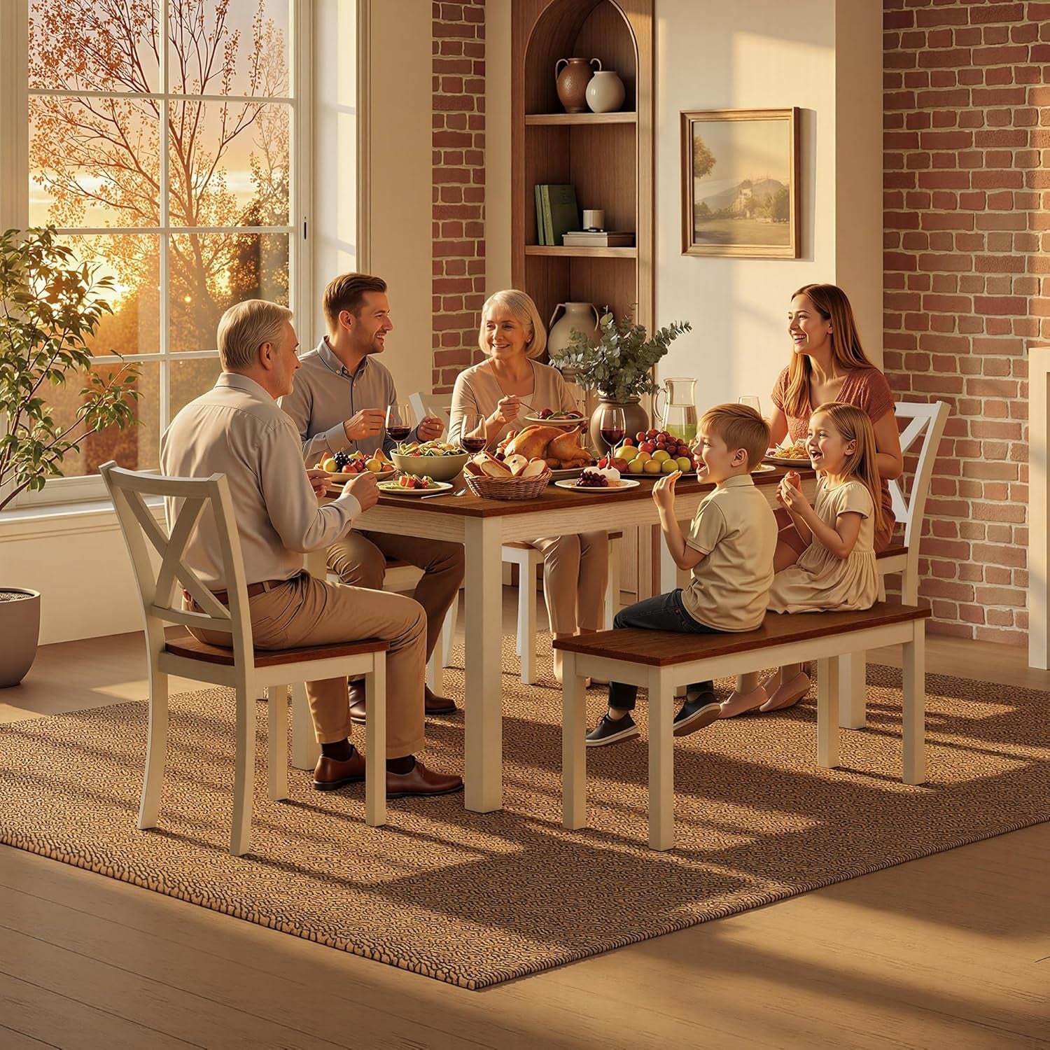 6-Piece Farmhouse Dining Table Set, 59" Wooden Table with 4 Chairs & Bench, Kitchen & Dining Room Set for 6, Space-Saving Rustic Dining Set, Walnut & Beige
