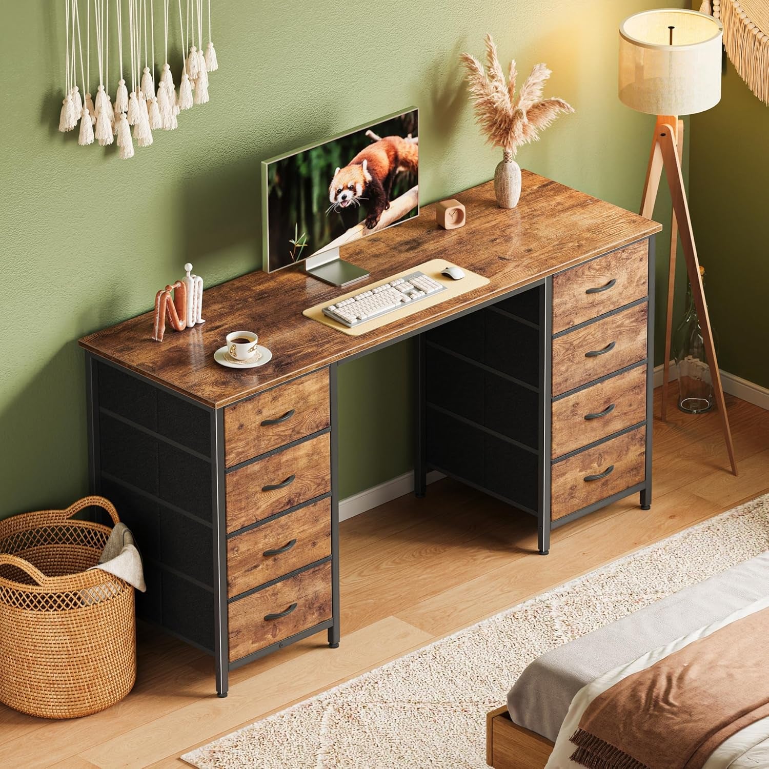 55 Inch Computer Desk with 8 Fabric Drawers, Office Desk Work Desk for Home Office, Study, Gaming Desk with Drawers, Large Storage, Rustic Brown