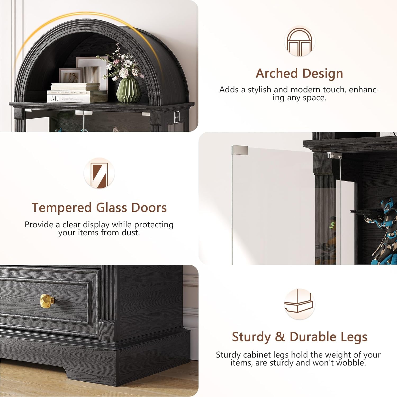 Black Curio Cabinet with Glass Doors, 72" Tall Arched Display Cabinet with Human Sensor Lights, 4-Tier Display Case for Collectibles Bookcase Living Room
