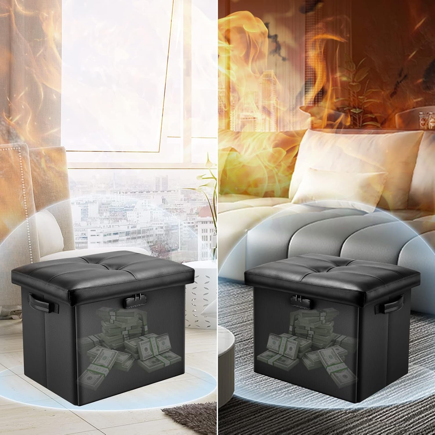 Storage Ottoman with Lock,Fireproof Folding Ottoman Foot Rest Stool Storage Chest with Storage Safe for Important Documents,Waterproof 17 Inches Short Ottoman Foot Stool with Handles,Black