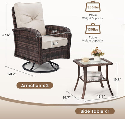 Luxury Outdoor Swivel Wicker Glider Patio Chairs with Table Set, Overstuffed Washable Cushions, Ideal for Porch, Balcony, Deck, Brown Rattan and Beige Cushion