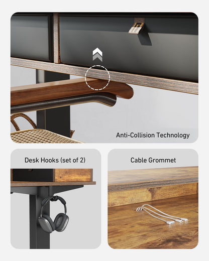 55" X 30" Standing Desk with Drawers, Height Adjustable Electric Workstation, Computer Sit Stand up Table with Large Storage Shelf 4 Drawers and 2 Hooks, Rustic Brown