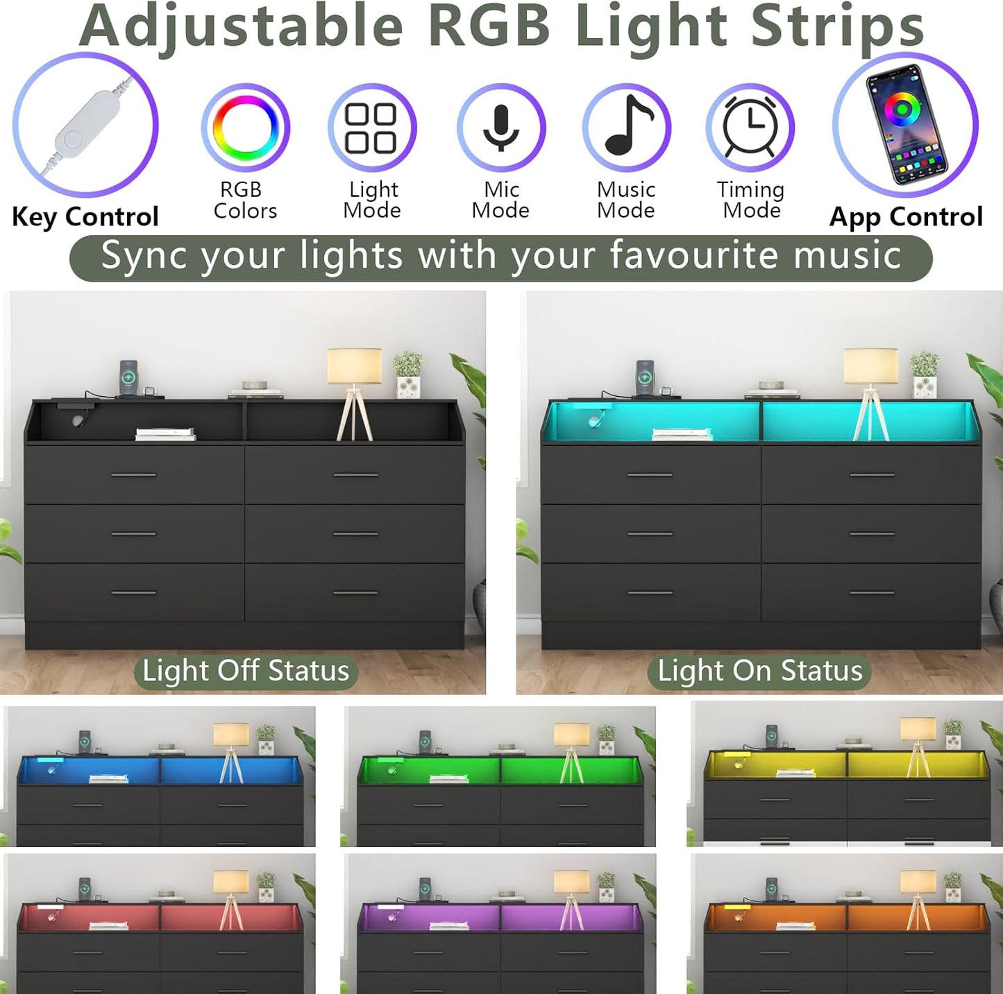 6 Drawer Dresser with Power Outlet, Chest of Drawers with LED Light, Modern Dresser with Open Storage Cubby, Double Wide Dressers Organizer for Bedroom, Living Room, Entryway, Hallway