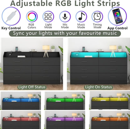 6 Drawer Dresser with Power Outlet, Chest of Drawers with LED Light, Modern Dresser with Open Storage Cubby, Double Wide Dressers Organizer for Bedroom, Living Room, Entryway, Hallway
