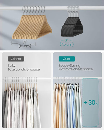 Clothes Hangers 50 Pack, Heavy-Duty Plastic Hangers, Coat Hangers with Wide Shoulder Notches, Pant Bar, 360° Swivel Hook, Space-Saving, 16.4 Inches, for Closet, Ink Black UCRP060B01