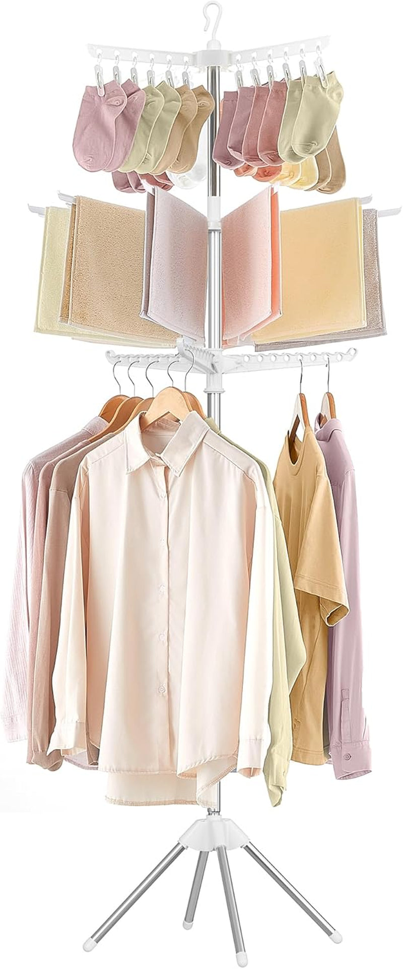 Clothes Drying Rack, 59-Inch High Folding Laundry Drying Rack with 3 Rotatable Arms for Hangers, 4 Legs, Stainless Steel, for 27 Pieces of Clothes, Blue and Silver ULLR510Q01