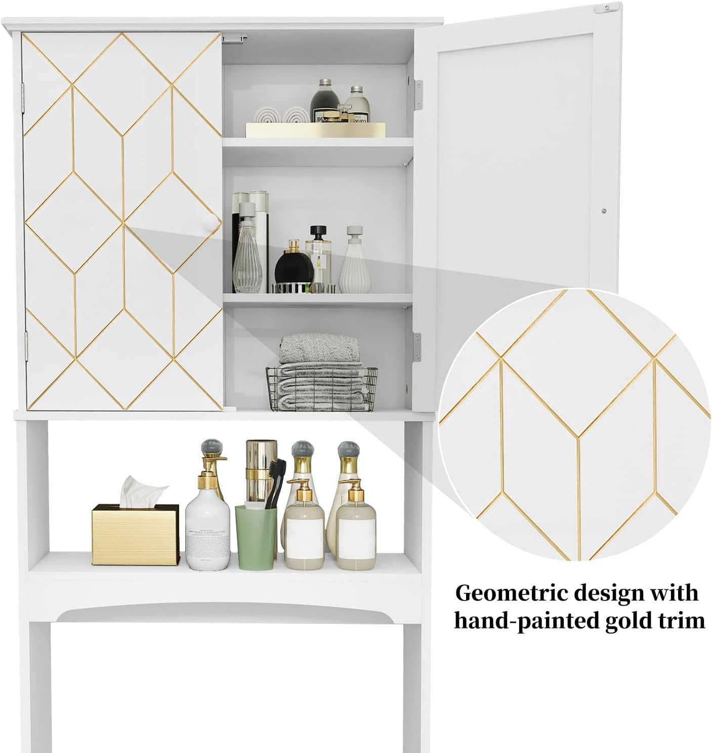 over the Toilet Storage Cabinet with Gold Trim,Modern Bathroom Cabinet over Toilet with Adjustable Shelves and Toilet Paper Holder,Over Toilet Organizer Space Saver for Bathroom (White)