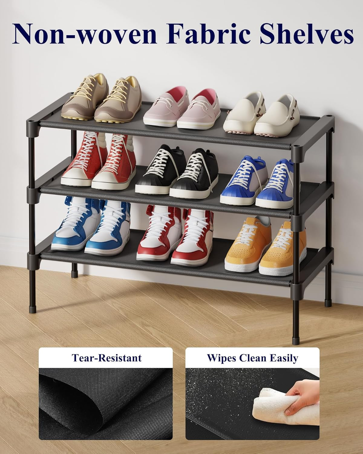 Shoe Rack - Non-Woven Shoe Rack Shelf, Shoe Organizer for Closet, Entryway, Garage & Corridor, Stackable Shoe Shelves, 27.5" Wide - 3 Tier, Black