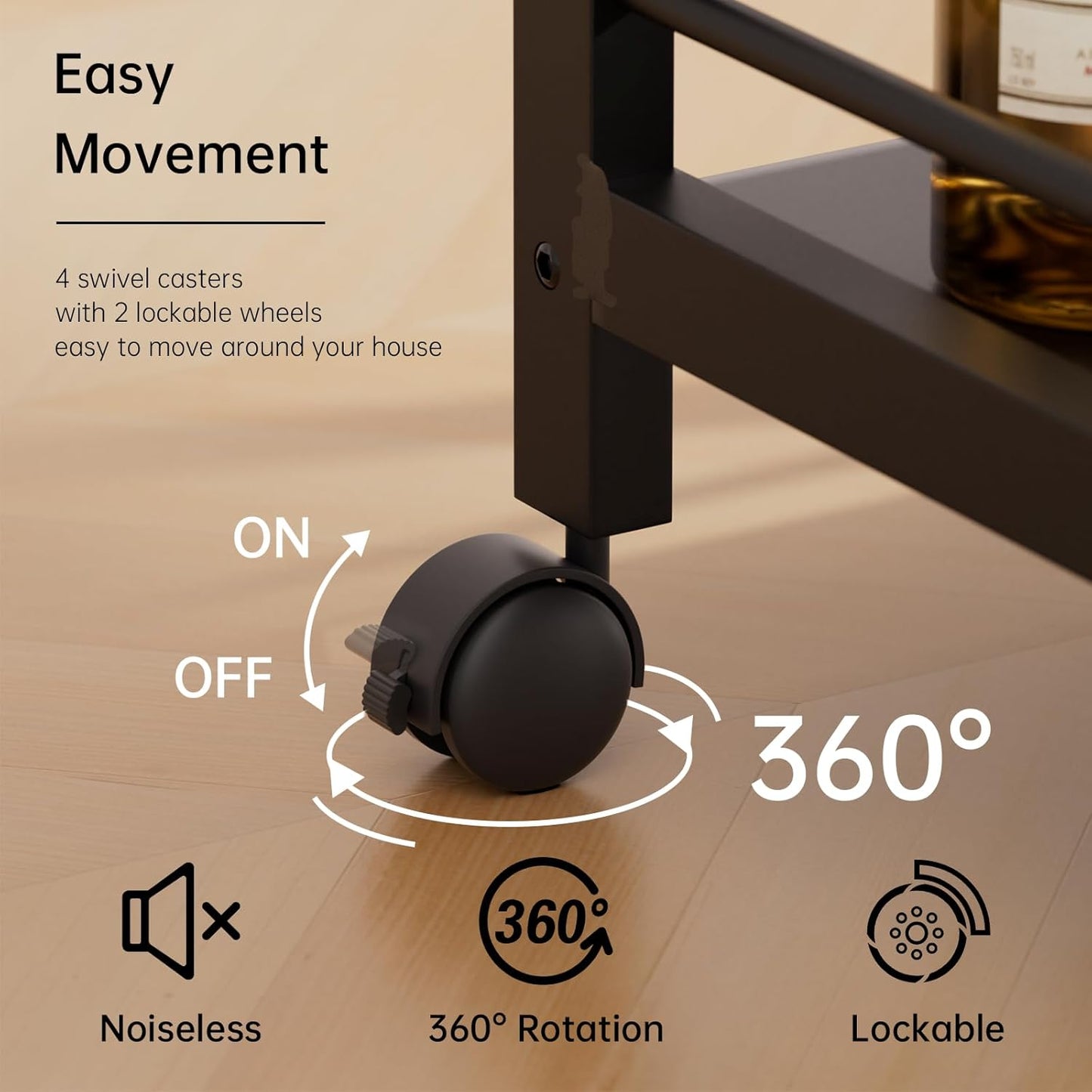 Bar Cart Black, Serving Cart for Home, 3 Tier Drinks Cart with Wheels, Rolling Beverage Cart for Kitchen Dining Living Room