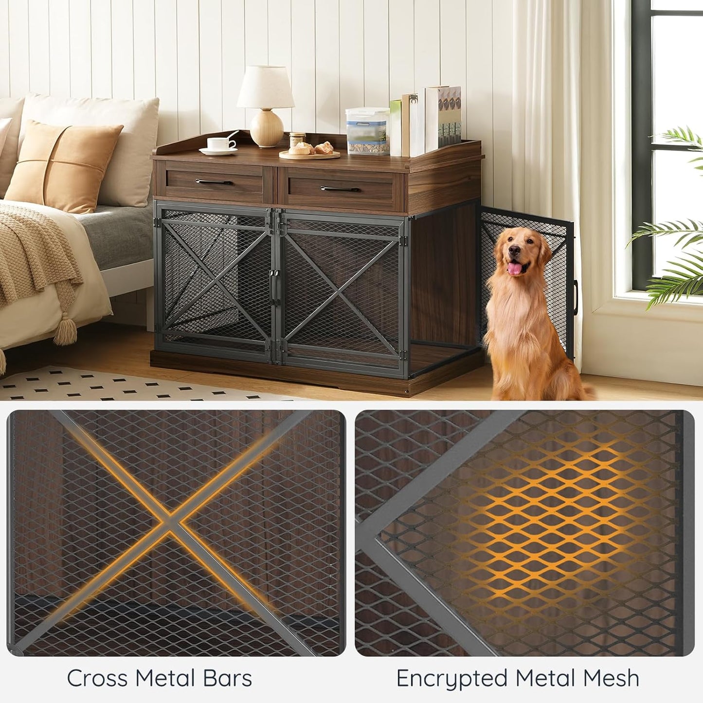 Heavy Duty Dog Crate Furniture, 39.4” Dog Kennel with Drawers, Wooden Dog Cage Indoor Side End Table for Medium Large Dogs, Triple Door Design, Walnut and Black WL106GW03